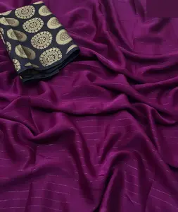 Nieuwste Indiase Etnische Slijtage Mooie Vlakte Georgette Met Regenboog Zari Werk Kleurrijke Sari En Brocade Fancy Blouse Voor Dames