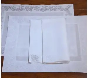点机绣花餐垫和餐巾，100% 亚麻织物，矩形48x38厘米