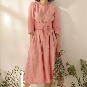 Robe en lin pour femme, tendance et élégante, couleur rose, 100% lin, pur coton, crêpe, formelle, manches 3/4, dernière collection 2026 - Product Image 1