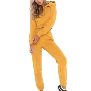 Wholesale women's plain crop top <b>long</b> sleeve hoodie with <b>matching</b> stripped pants two piece sweat suit set - Product Image 2