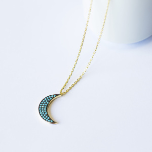 Bleu Zircon Pierre Croissant De Lune Pendentif Turc À La Main 925 Bijoux En Argent Sterling - Product Image 3