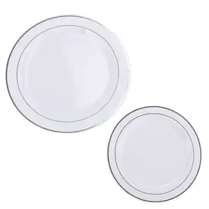 Casamento Placa De Plástico Descartável e Talheres Combo Set, Branco/Prata Rim Placas Prata