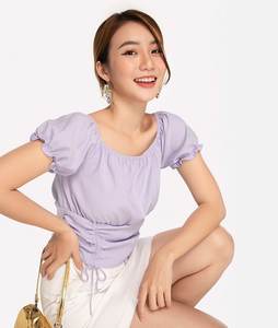 Blusa informal de manga corta con volantes para verano, camisa Sexy Vintage con mangas abombadas para mujer, hecha en Vietnam, 2021 - Product Image 2