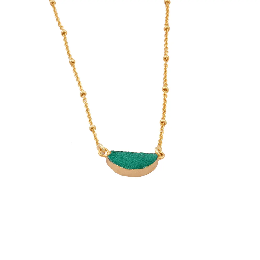 Kalung batu permata Druzy batu akik hijau berlapis emas 18k kalung hadiah perhiasan batu permata Druzy gula setengah bulan Mode Joyas N-325