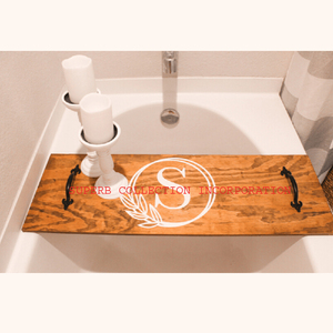 Bandeja de baño para Resort y hotel con bandeja marmoleada de cuero de bambú con mango de metal, madera y mármol usado - Product Image 1