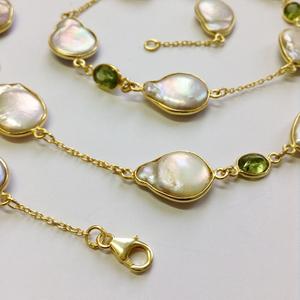 Everyday Wear 925 Sterling Silver <b>Gold</b> Plated Peridot and Baroque Pearl 90 Cms. Long Chain Necklace - Product Image 3