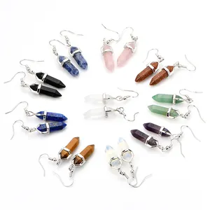 Colorful Natural Stone Crystal Drop Earrings Bullet Shape Healing Point Dangle Fishhook Earring for Women