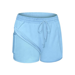 Pantalones cortos de cintura elástica de doble capa con diseño y embalaje personalizados, pantalones cortos atléticos para gimnasio para todos los deportes con logotipo personalizado, - Product Image 1