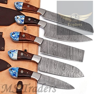 Custom Handmade Damascus Chef Knife Set Kitchen Knives Set With leather Sheath Cover {MS-16} - Product Image 3