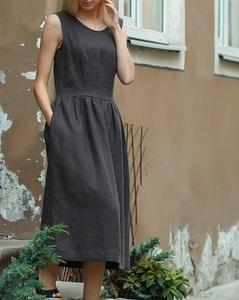 Robe midi noire sans manches 100 % lin, taille naturelle, col en V, coupe trapèze ample, formelle et décontractée, couleur unie, respirante, tissée, pour l'été - Product Image 2