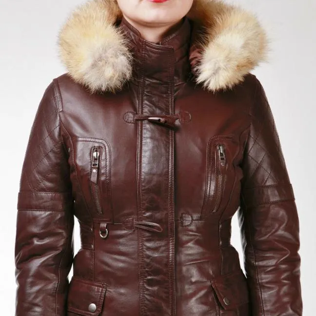 Women's Brown Hooded Fur Ladies Real Lambskin Leather Jacket Coat Top Quality Material - Wholesale Price