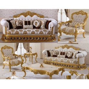 ชุดโซฟาไม้สักคุณภาพสูง สไตล์ฝรั่งเศส ตกแต่งสีทอง ทนทาน หรูหรา สำหรับห้องนั่งเล่น พร้อมเก้าอี้ - Product Image 1