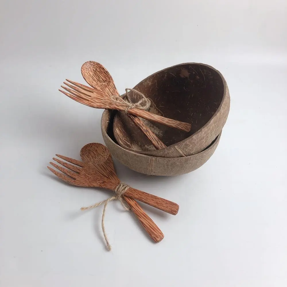 High Quality best selling handmade natural set of two coconut bowls, spoons and forks made in Viet Nam