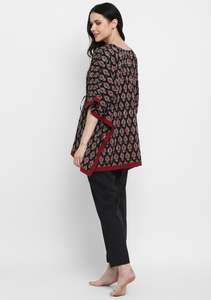 Beau caftan à fleurs noires dames bloc à la main imprimé marron passementerie 100% coton tissé longueur au sol pyjama taille naturelle - Product Image 4