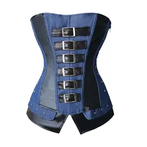 Sexy Steampunk Faux Leather Denim Jean Overbust Bustier Corset Plus Size