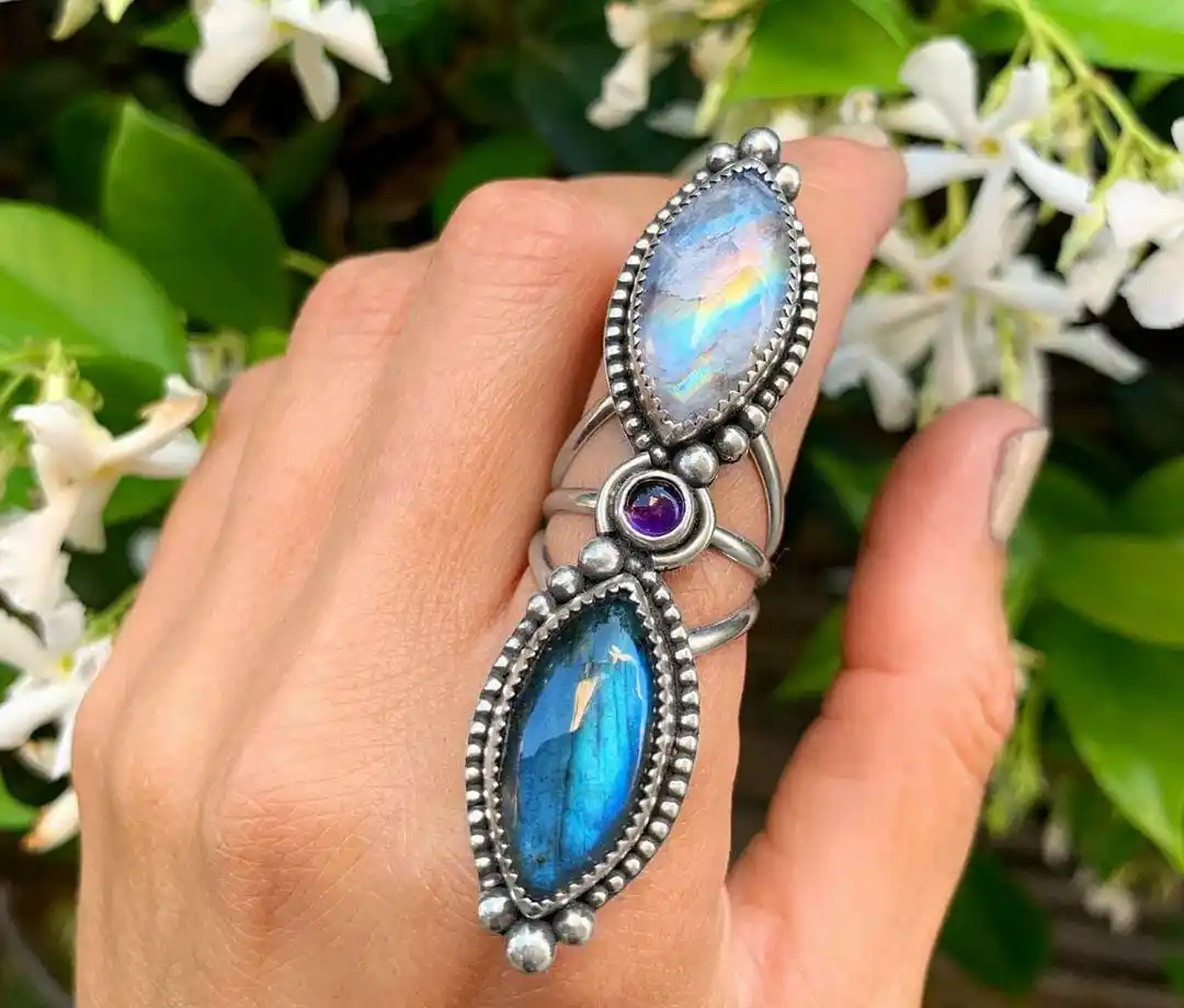 925 Sterling Silver Boho Ring Jewelry for Women Moonstone Gemstone Solid Silver Ring Natural Labradorite Stone Statement Ring