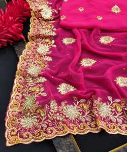 Vêtements de fête Designer Brodé Net Soie Fleur Conception Indienne Dames Porter Orange Couleur Saree Avec Chemisier Pièce Perle Travail Sari Apparelgarment - Product Image 3