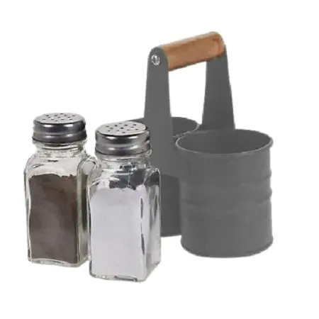 Superieure Kwaliteit Glazen Flessen Gegalvaniseerd Metalen Zout Peper Set Met Houten Handvat Voor Restaurant Gebruik