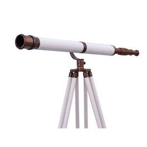 Support en bois en cuir blanc poli 39 ''télescope en laiton debout de plancher avec des jumelles de cuivre - Product Image 1