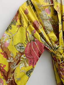 Exclusivo nuevo diseño estampado Floral Color amarillo indio 100% algodón Kimono Robe largo con cinturón Wrap Kimono Robe vestido para mujer - Product Image 4