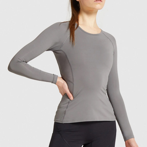 Camiseta de Yoga para mujer, ropa de cuello redondo de alta calidad, sudaderas grises al por mayor - Product Image 2