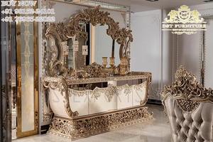 Muebles de comedor con acabado metálico plateado, muebles de comedor clásicos con acabado metálico para el hogar, comedor de lujo tallado pesado - Product Image 3