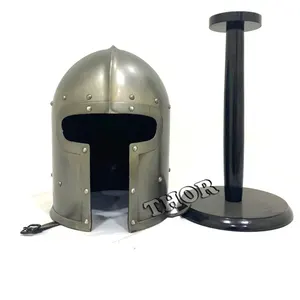 Medieval Barbuta Helmet Knight Templar Crusader Armor Helmet ~Woodan Stand Black Silver Polished Armor Helm