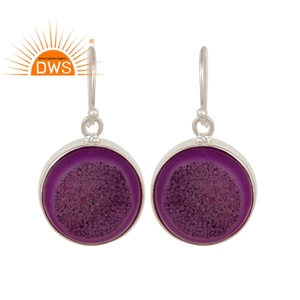 Genuine Sterling <b>Silver</b> Jewelry Supplier Purple Druzy Agate Gemstone Round Shape Bezel Set <b>Dangle</b> <b>Earring</b> Jewelry Wholesaler - Product Image 1