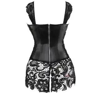 Steampunk Faux Leather Corset with Lace Dress Zipper Back Bustier