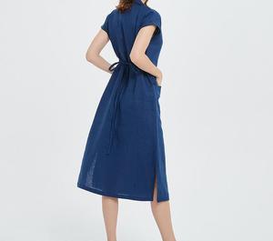 Robe chemise en lin noir, col à revers, boutonnée sur le devant, ourlet fendu, longueur midi, tenue formelle ou quotidienne, manches courtes, couleur unie, tissu tissé - Product Image 2