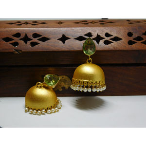 Beautiful fashion Trending handmade golden matte finishing stone stud jhumka earing for girls and women - Product Image 2