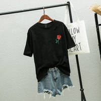 Kaos Wanita Lengan Pendek Kerah Bulat Ramah Lingkungan Bahan Denim/Flanel Batik dengan Detail Lubang Desain Polos Putih