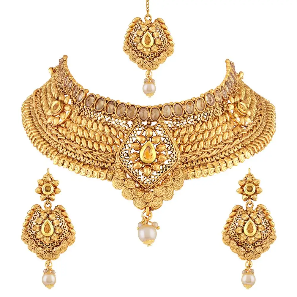 Traditionele Elegante Vergulde Choker Stijl Kundan Ketting Set Met Mangtikka Sieraden Ketting Set Voor Vrouwen