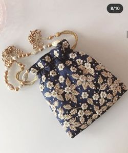 MODERN POTLI BAG BEAUTIFUL PEARL WORK LATCAN & ZARI EMBROIDERY ON SILK FABRIC FOR PARTY & <b>WEDDING</b> @ 2022 - Product Image 1