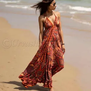 Online toptan tedarikçisi baskılı bel ayarlanabilir dize v yaka spagetti sapanlar backless uzun beachwear yaz maxi elbise