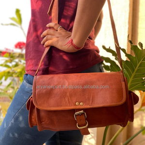 กระเป๋าสะพายสีน้ำตาลวินเทจทำด้วยมือกระเป๋าสะพายไหล่หนังแพะแท้สายเดี่ยวหนังแท้บุหนังแท้กระดุมปิดอาน - Product Image 2