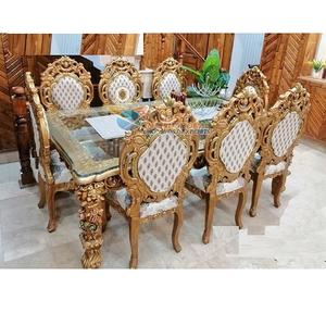 Ensemble de table à manger en bois sculpté à la main de style royal, finition or antique, meubles de salle à manger, finition dorée de luxe - Product Image 1
