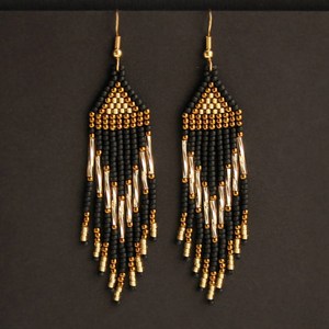 Black and Gold Seed Bead <b>Earrings</b> Long Evening Beaded <b>Earrings</b> Beaded Fringe Dangle <b>Earrings</b> Boho Chic <b>Earrings</b> <b>Funky</b> Jewellery - Product Image 1