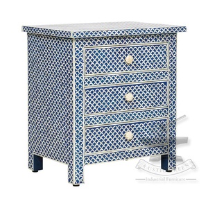 Mesa auxiliar extensible de estilo industrial, gran hueso azul e incrustaciones, tres cajones, comedor, muebles para el hogar para sala de estar - Product Image 1