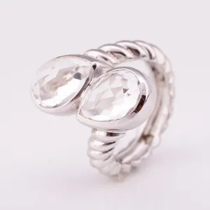 High Fashion Jewelry Rhodium plated Silver 925 Ring with clear quartz twisted adjustable ring factory price