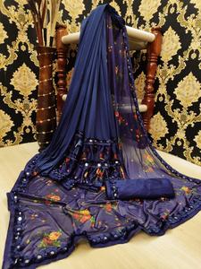 Dernier designer mariage Georgette soie fleur design sari wirh blouse meilleur prix prêt à porter pleine longueur facilement lavage en machine ethnique - Product Image 4