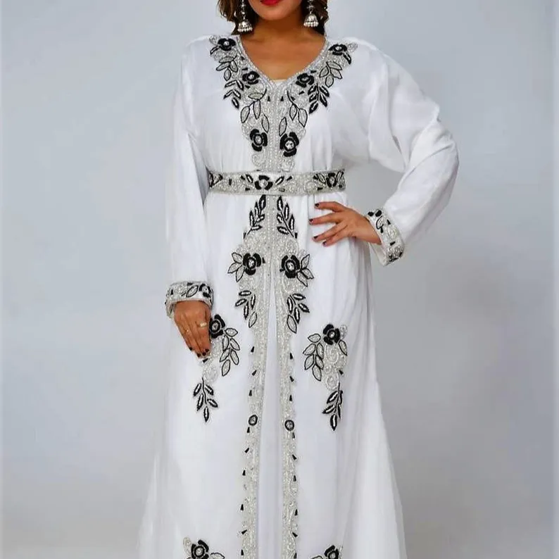 Harga Grosir Mode Desain Kasual Putih Manik-manik Kaftan Atasan Modern Muslim Ah Mode