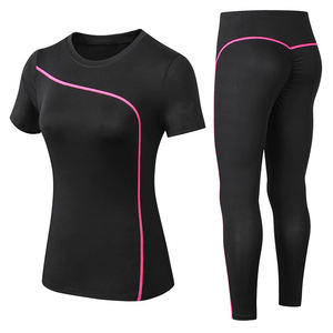 Ensemble de yoga réversible en coton 100% pour femmes grandes tailles, haut à manches courtes, pantalon long, séchage rapide, vêtements de sport de plein air - Product Image 1