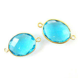 Bracelet en pierre de topaze bleue fait à la main avec lunette plaquée or forme ovale naturelle 14x18mm connecteurs de pierres précieuses taillées à facettes - Product Image 2