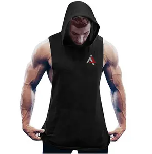 Mannen Workout Hooded Tank Tops Mouwloos Gym Hoodie Afgesneden T-shirt Lace-Up Bodybuilding Spier Hoodie Trui regelmatige Mouw
