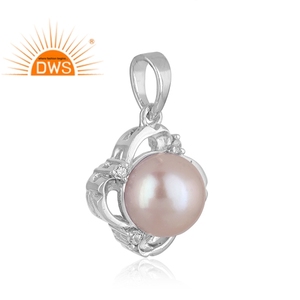 Bijoux pendentif plaqué rhodium blanc gros pendentif perle grise et pierre précieuse zircon blanc Collection Vintage - Product Image 2