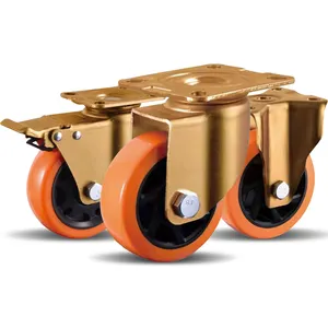 4 인치 수석 오렌지 PU 바퀴 골드 브래킷 회전 상단 플레이트 총 브레이크 중간 무거운 캐스터 바퀴