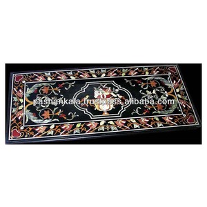 Pietra Dura Black Marble Stone Inlay Dining Table Top - Product Image 1