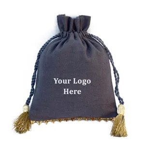 Gray Cotton Customized Logo Promotional Jewelry Storage Pouch Bottom Gota Lace Drawstring With Tassel Gift Wrap Bag Wholesale