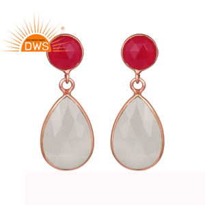925เงินสเตอร์ลิงกุหลาบชุบทองต่างหูเครื่องประดับอัญมณีธรรมชาติสีชมพู Chalcedony และมูนสโตนลดลงต่างหูห้อยผู้จัดจำหน่าย - Product Image 1